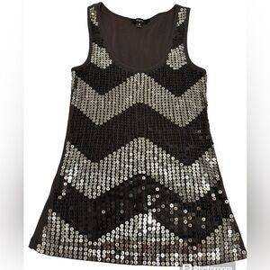 Express Y2K Glam Black & Silver Sequin Chevron Ribbed Scoop Neck Party Top SizeM